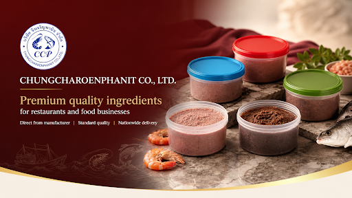 Chungcharoenphanit branding and product line showcasing authentic Thai shrimp and chili pastes